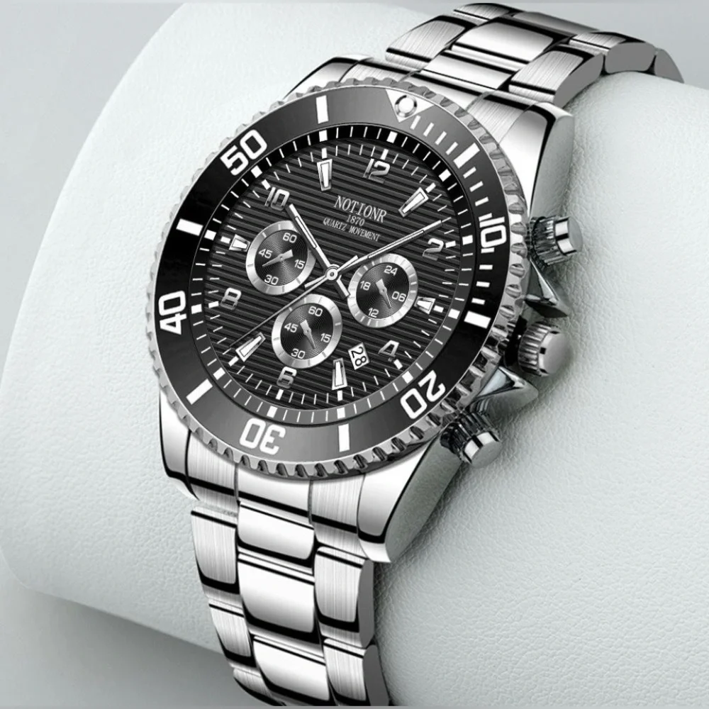 NOTIONR Black Dial Chronograph Silver Stainless Steel Quartz Watch